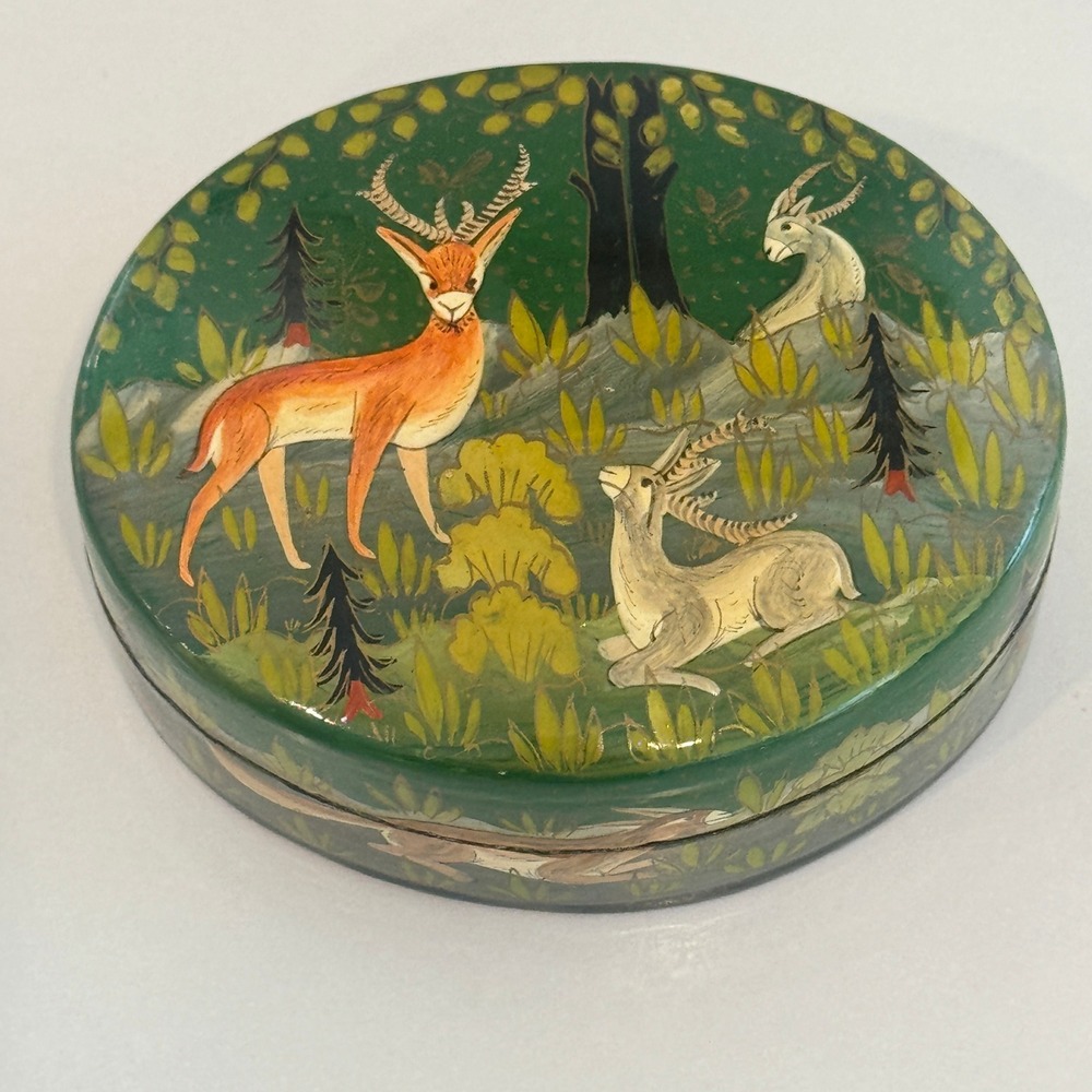 Trinket Box Hand Made India Papier Mache Oval Forest Vintage Deer Fox Gazelles